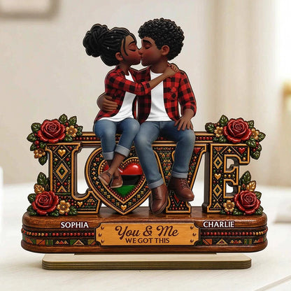Personalized 2-Layer Wooden Plaque With Kissing Couple & Roses, Unique Gift for Couple