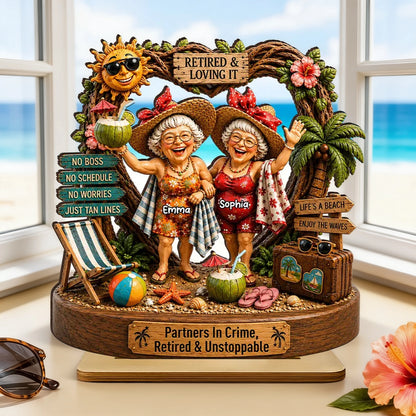Personalized 2-Layer Wooden Plaque, Retired Friends Beach Scene, Unique Creative Gift for Close Friends