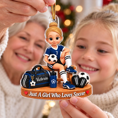 Personalized Acrylic Ornament, Red Cartoon Soccer Girl Holding a Ball, Unique Christmas Gift for Young Player