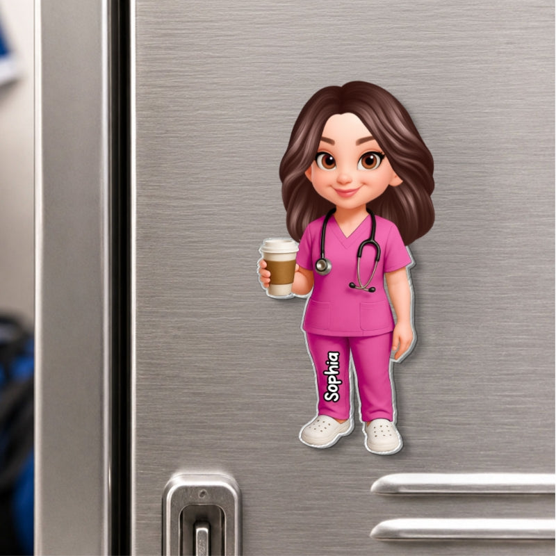 Personalized Acrylic Fridge Magnet With Cartoon Nurse Holding Coffee, Unique Gift For Nurse Coworker