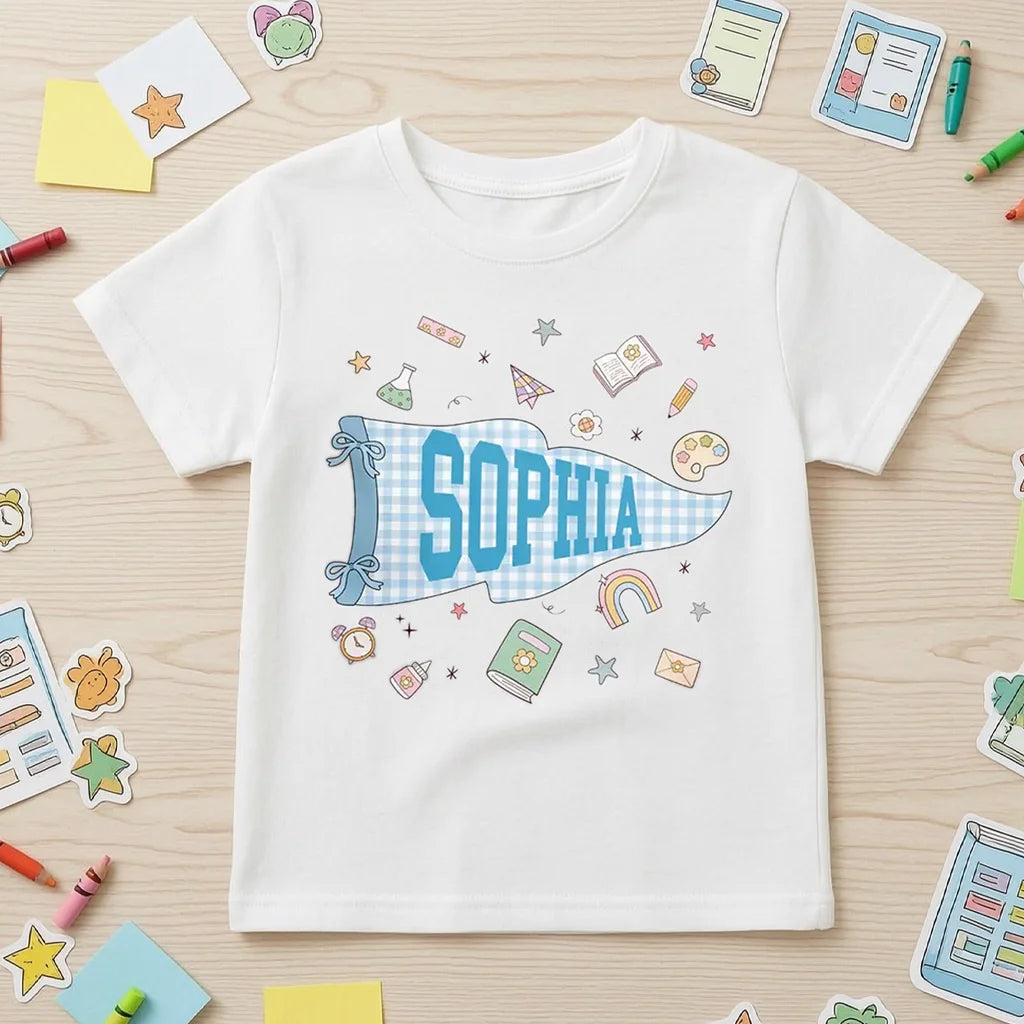 Personalized Youth Tee With Blue School Pennant, Back To School Style, Unique Gift For Kids