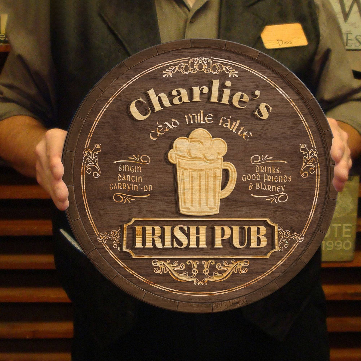 Personalized Irish Pub Clover Wooden Sign Round Green Bar Decor With Celtic Style Lettering Unique St. Patrick's Day Gift