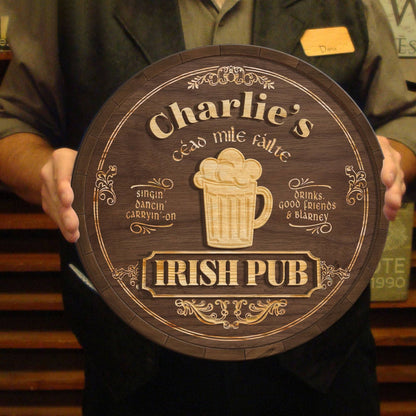Personalized Irish Pub Clover Wooden Sign Round Green Bar Decor With Celtic Style Lettering Unique St. Patrick's Day Gift