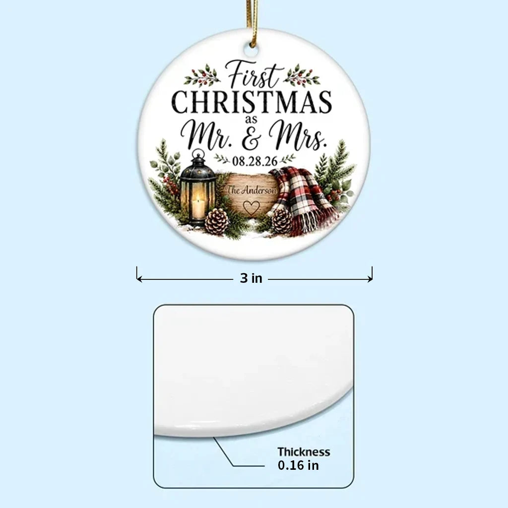 Personalized Ceramic Ornament, Rustic First Christmas as Mr & Mrs Keepsake, Unique Gift for Newlywed Couple