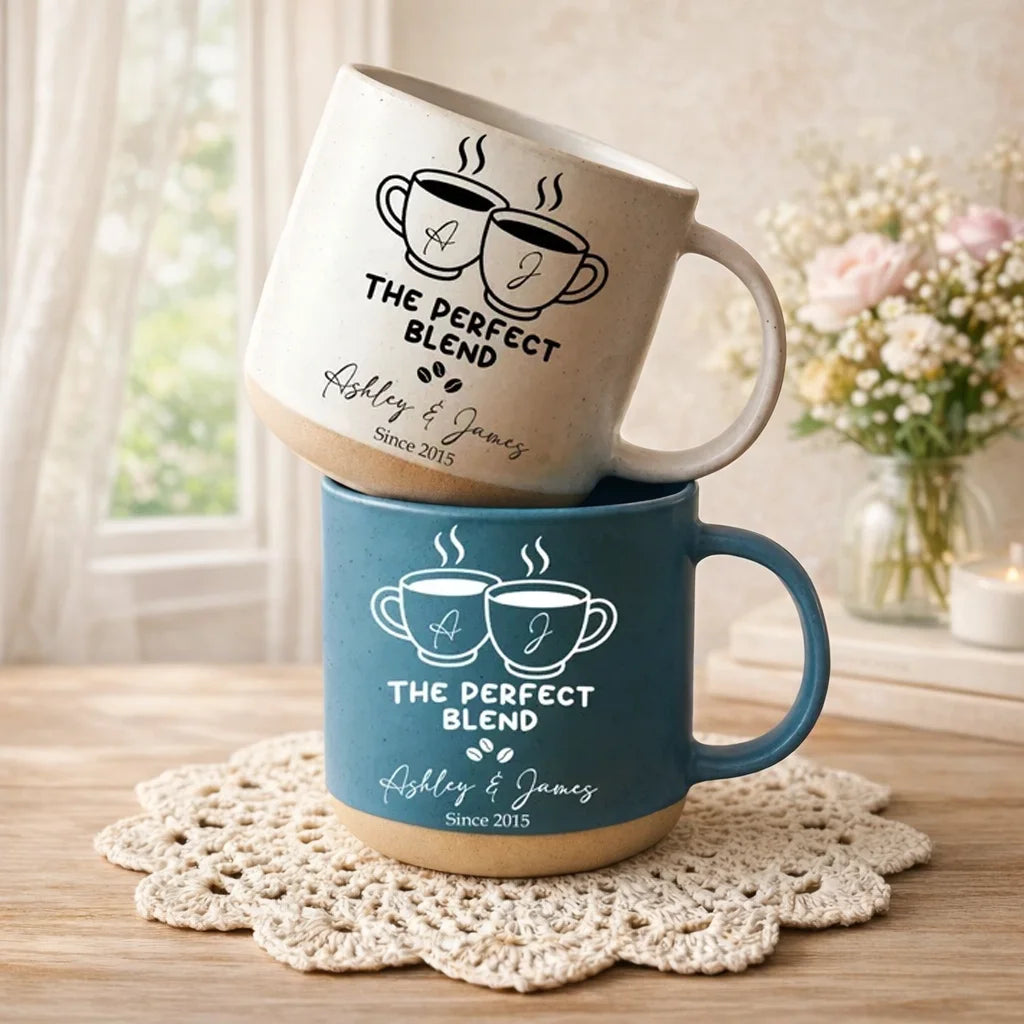 Personalized Pottery Mug with Stacked Coffee Cup Art, Cream and Teal Couple Keepsake, Unique Gift for Partners