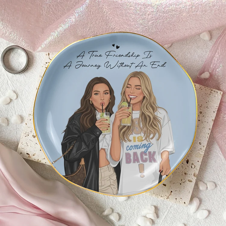 Personalized Jewelry Dish, Modern Friends Raising Glasses Illustration, Vanity Decor, Unique Gift for a Best Friend