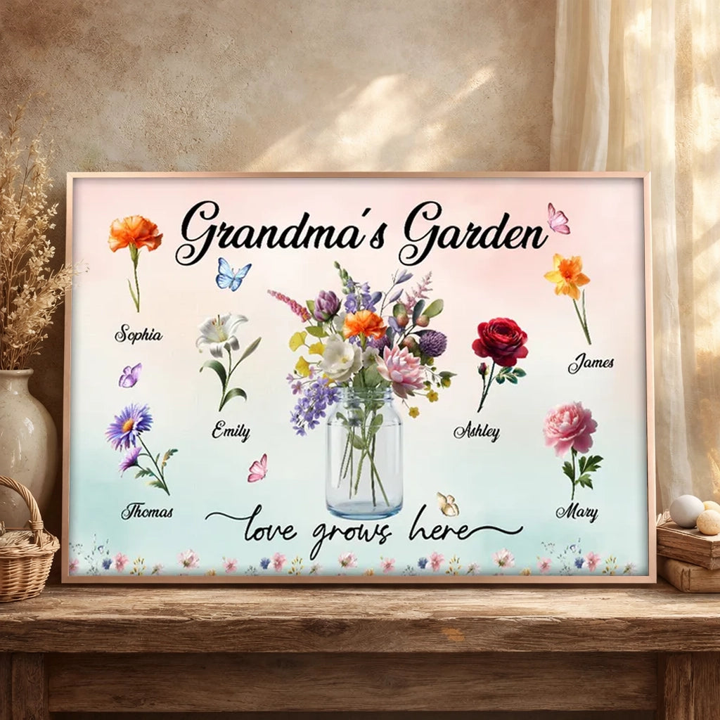 Personalized Grandma's Garden Flower Jar Poster, Custom Family Names Wall Art, Unique Gift for Grandma