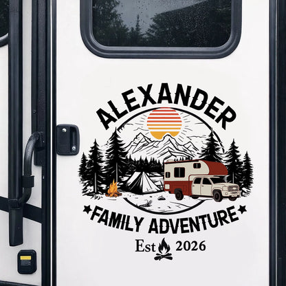 Personalized Family Adventure Sticker Decal for RV or Camper, Mountain Sunset Camping Scene, Unique Custom Gift