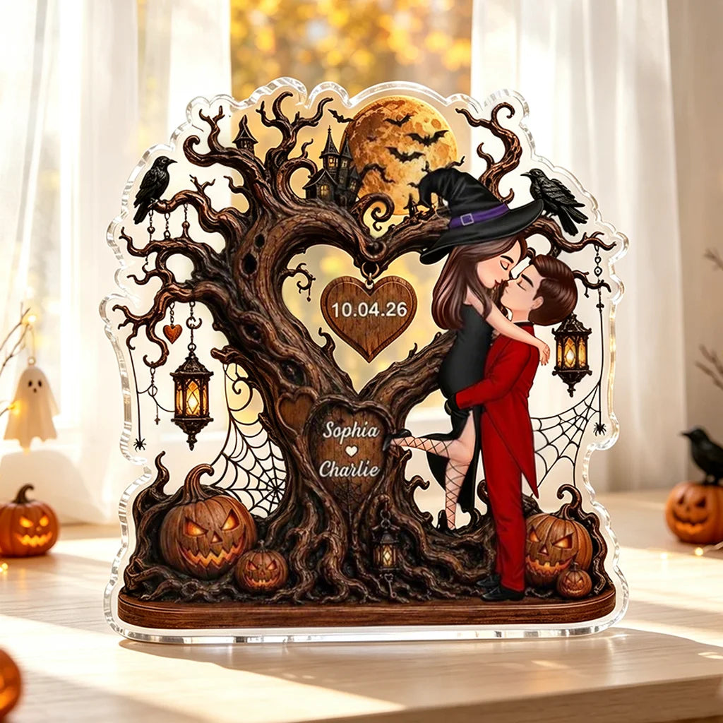 Personalized Acrylic Block Plaque, Halloween Heart Tree Couple Kissing Scene, Unique Creative Gift for Couple