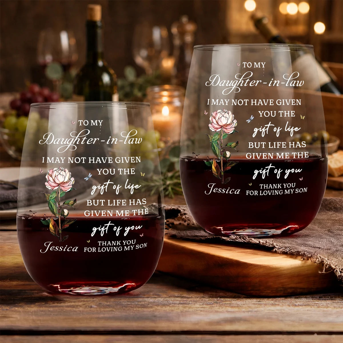 Daughter-in-Law Wine Glass with Heartfelt Floral Quote, Personalized Creative Gift of Gratitude