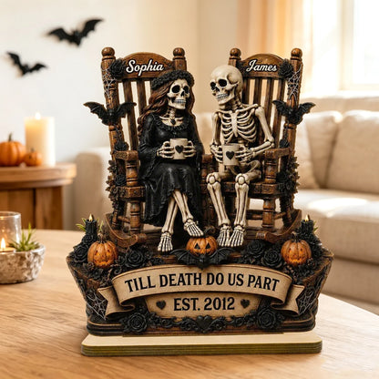 Personalized 2-Layer Wooden Plaque, Sitting Skeleton Couple Halloween Decor, Unique Creative Gift for Couples