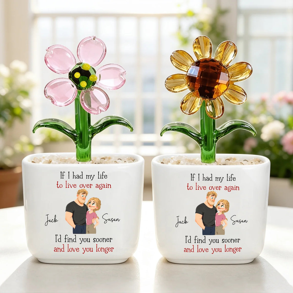 Love You Longer Square Glass Planter, Personalized Embracing Couple Keepsake, Creative Gift for Couples