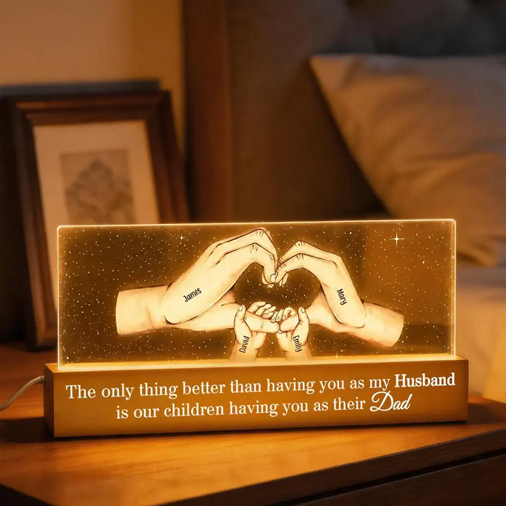Personalized Block LED Light Plaque for Dad, Family Hands Warm Night Light, Unique Father's Day Gift