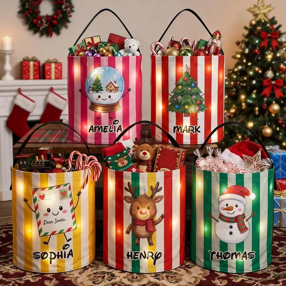 Personalized LED Light Up Fabric Basket, Cute Christmas Character Storage, Unique Gift for Kids
