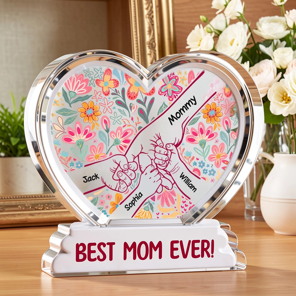 Personalized Shaped Acrylic Block Plaque with Kids Holding Hands, Floral Boho Heart Decor, Unique Mother's Day Gift for Mom