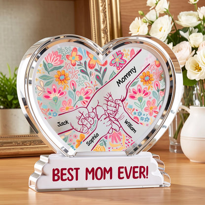 Personalized Shaped Acrylic Block Plaque with Kids Holding Hands, Floral Boho Heart Decor, Unique Mother's Day Gift for Mom