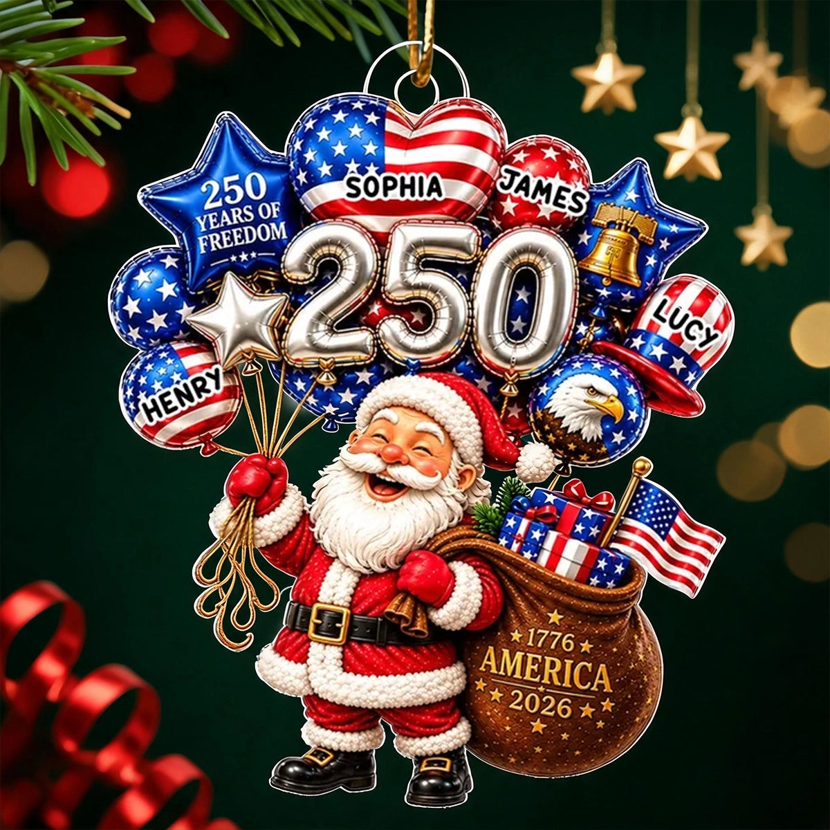 Personalized Acrylic Ornament, Santa Holding Patriotic Balloons on a Tree, Unique Christmas Gift for Family