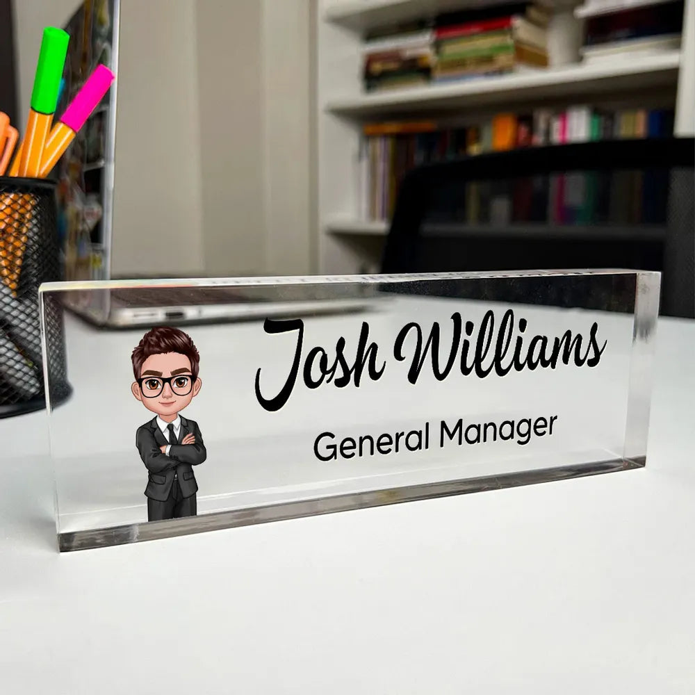 Personalized Rectangle Acrylic Block Plaque with Daisy Office Character, Unique Desk Decor Gift for Coworker or Boss