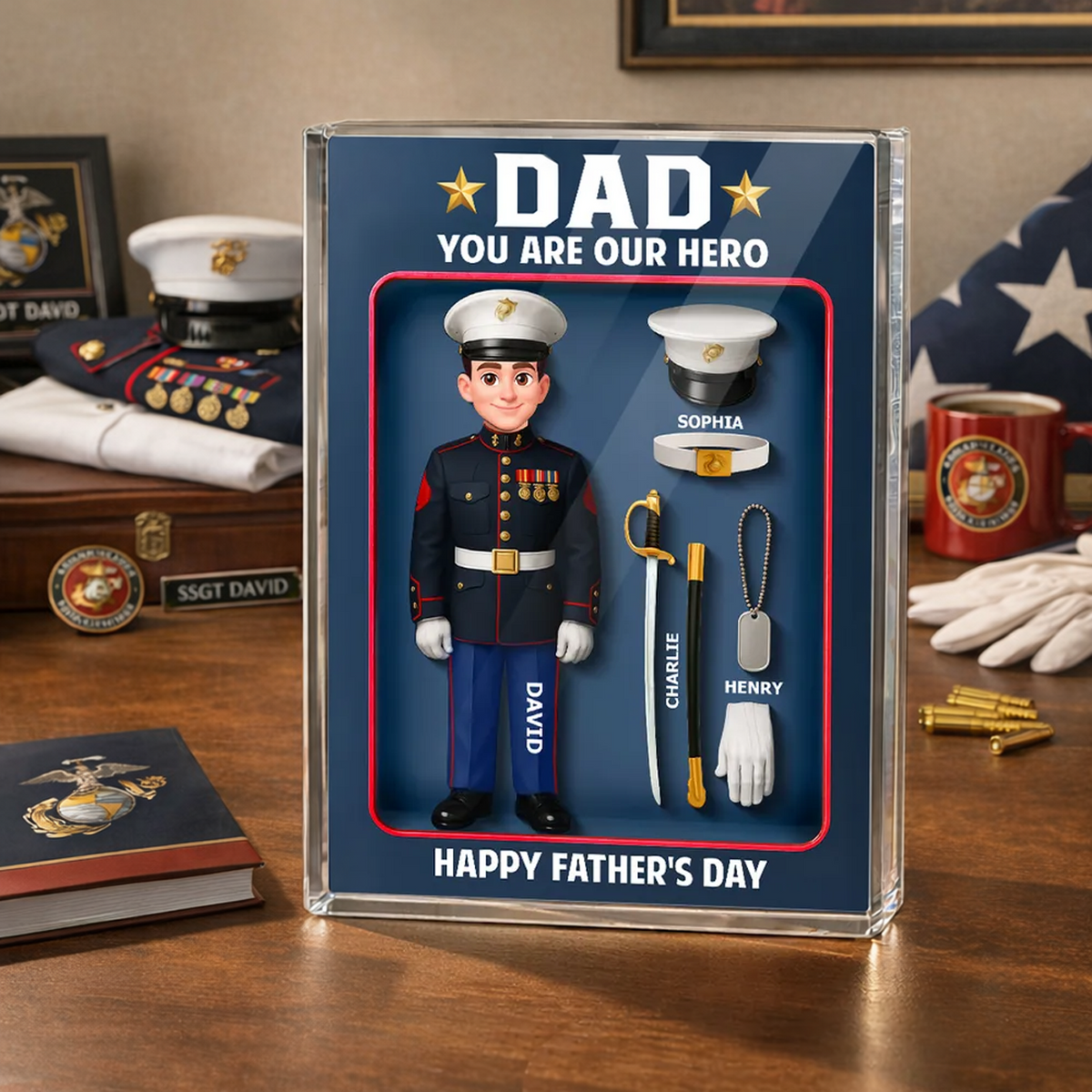 Personalized Rectangle Acrylic Block Plaque, Dad You Are Our Hero Marine Keepsake, Unique Father's Day Gift