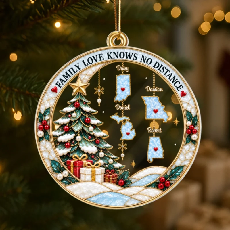 Personalized Acrylic Ornament, Snowy Christmas Tree and Family Map Scene, Creative Gift for Long-Distance Family