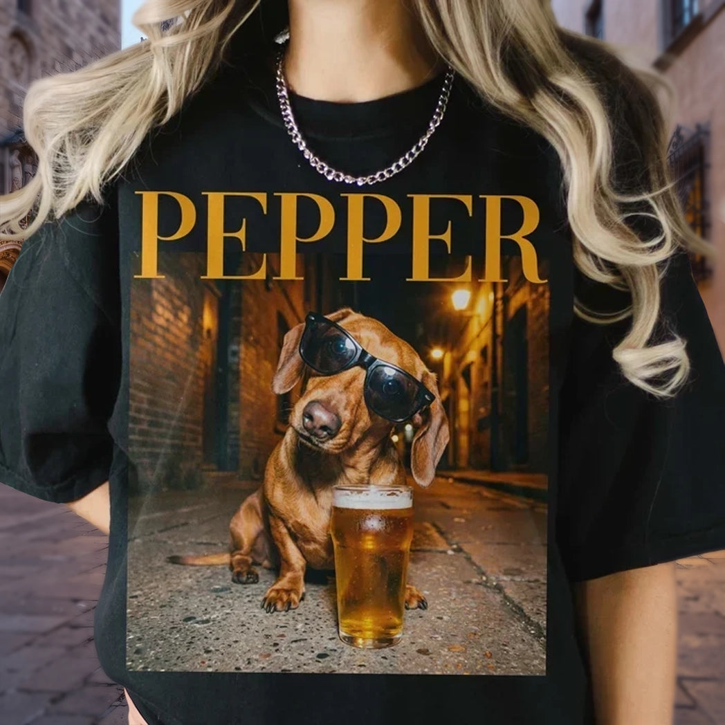 Personalized Classic Tee with Funny Dog Portrait and Beer Scene, Unique Gift for Dog Lovers