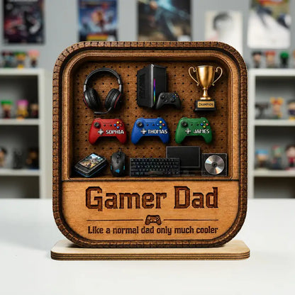 Gamer Dad 2-Layer Wooden Plaque, Personalized Gaming Shelf Display, Unique Gift for Dad