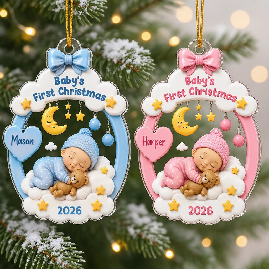 Personalized Acrylic Ornament, Sleeping Baby Moon & Stars, Unique First Christmas Gift for New Parents