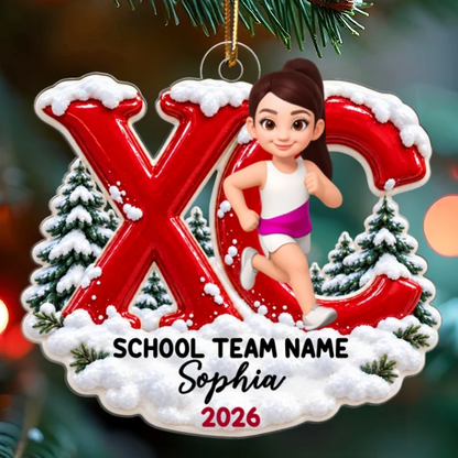 Acrylic Ornament, Cartoon Runner with Red XC Design & Snowy Pines, Creative Holiday Gift for Running Enthusiasts