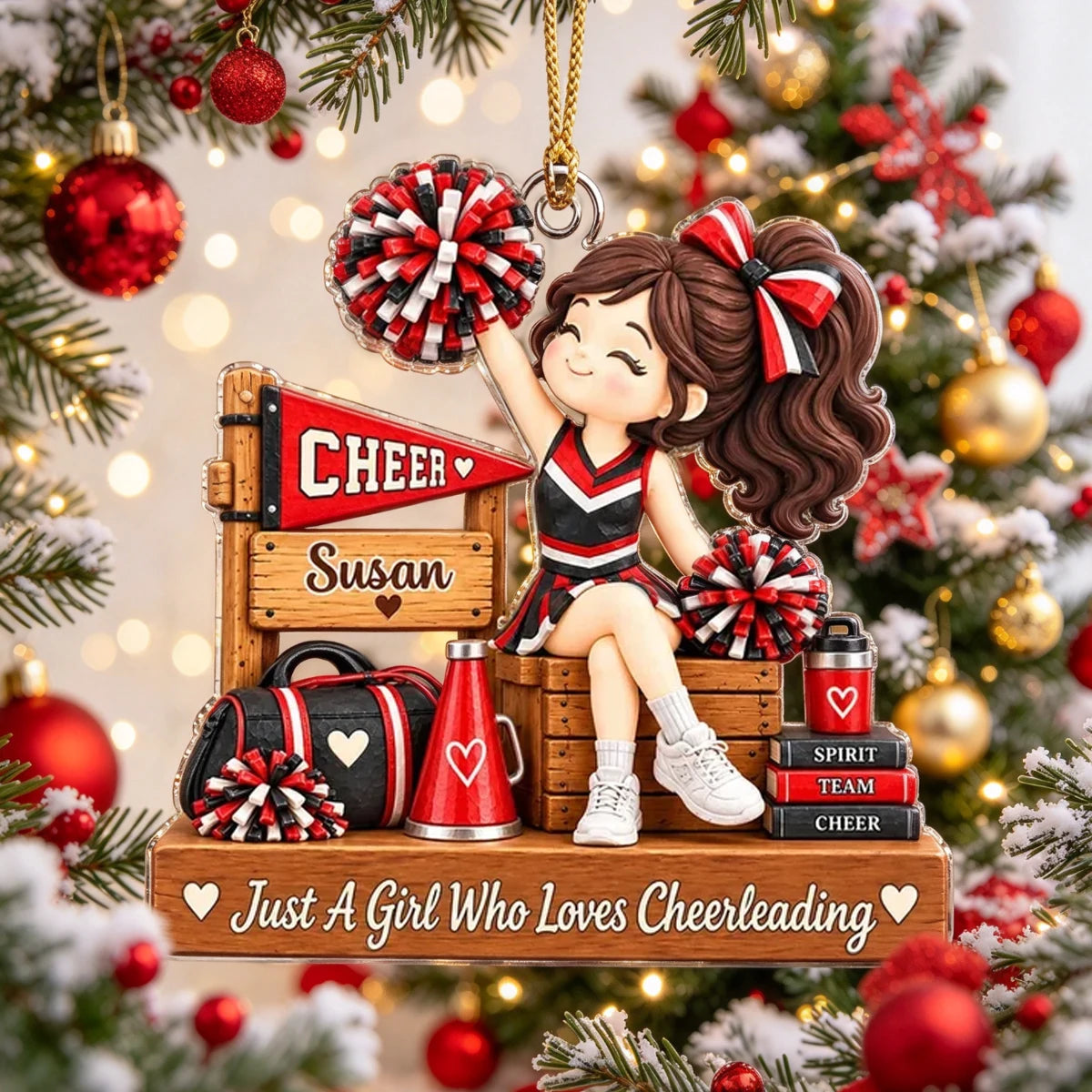 Personalized Acrylic Ornament, Cheerleader with Pom Poms, Festive Tree Decor, Unique Gift for Cheer Fans