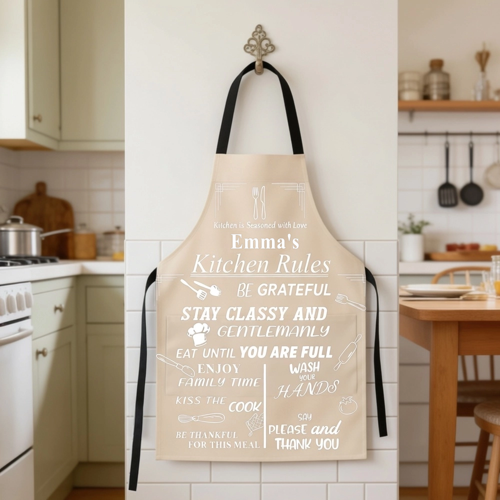 Personalized Kitchen Rules Apron with Custom Name - Funny Gift for Home Cooks, Durable "Seasoned with Love" Pocket Design