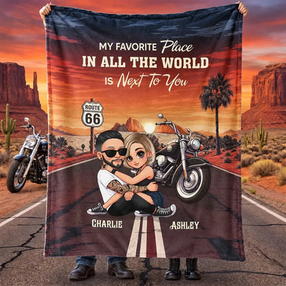 Personalized Fleece Blanket with Hugging Biker Couple at Sunset, Creative Unique Gift for Motorcycle Partners