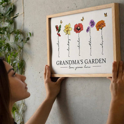 Grandma's Garden Love Grows Here Beautiful Birth Month Flower Gift For Grandma Mom Personalized Doormat or Poster or Canvas, Keychain, Plaque, Wallet Card