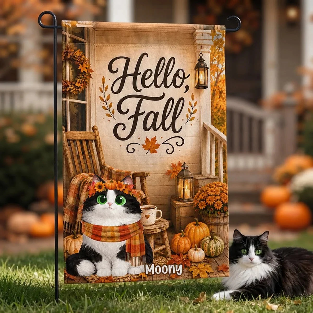 Hello Fall Garden Flag, Personalized Autumn Cat Porch Scene in Warm Orange Tones, Unique Gift for Pet Owners