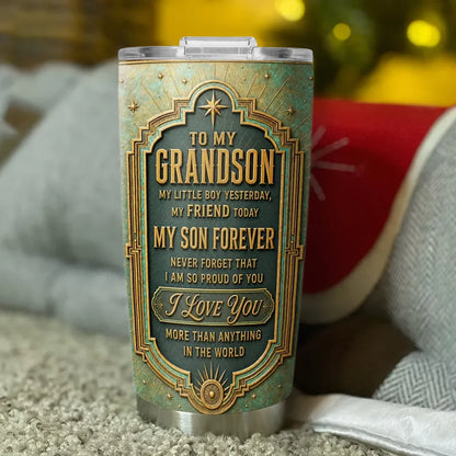 Personalized Insulated Travel Tumbler, Vintage Teal Proud of You Quote and Lakeside Embrace, Unique Gift for Grandson
