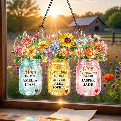 Personalized Acrylic Suncatcher Ornament for Mom Grandma Great Grandma, Colorful Mason Jar Flowers Window Decor Unique Gift