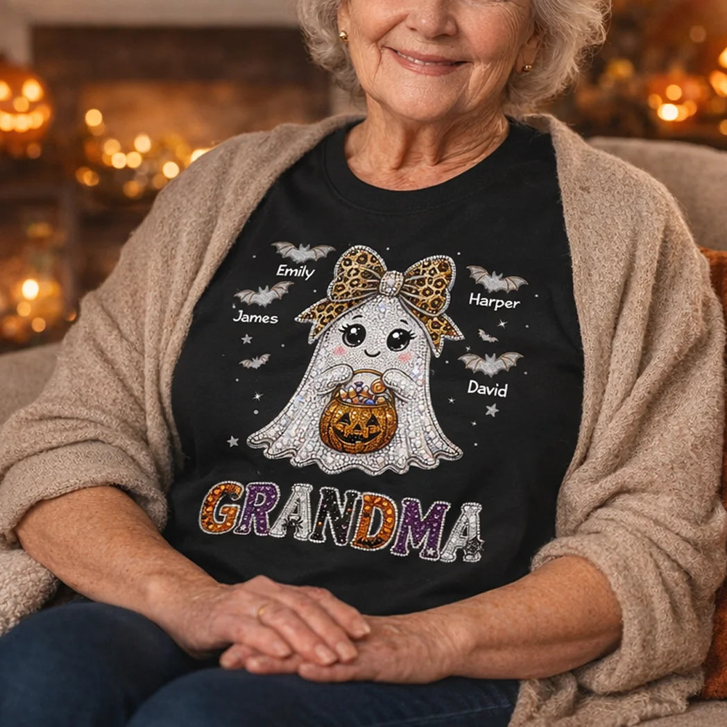 Personalized Grandma Classic Tee with Cute Ghost and Bats, Unique Halloween Gift