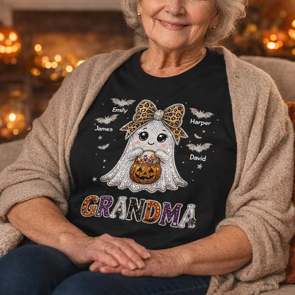 Personalized Grandma Classic Tee with Cute Ghost and Bats, Unique Halloween Gift