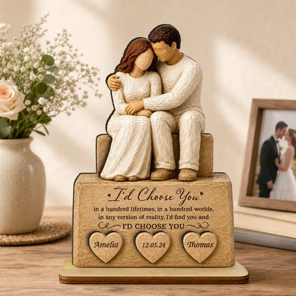 Personalized 2-Layer Wooden Plaque with Embracing Couple, I'd Choose You Quote, Unique Anniversary Gift