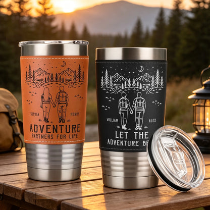 Personalized Leather Wrapped Tumbler, Holding Hands Mountain Scene, Unique Creative Gift for Couples
