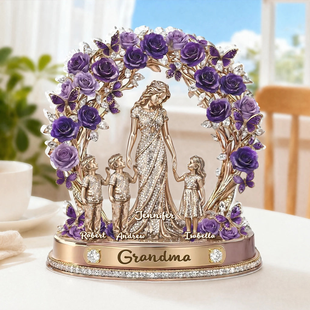 Personalized Shaped Acrylic Block Plaque with Grandma and Grandkids, Purple Rose Wreath Keepsake, Unique Gift for Grandma