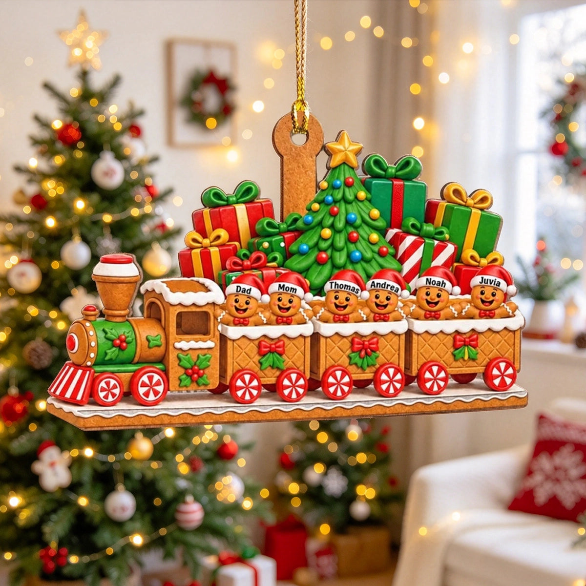 Personalized Acrylic Ornament, Gingerbread Family Riding a Colorful Train, Unique Christmas Gift for Family