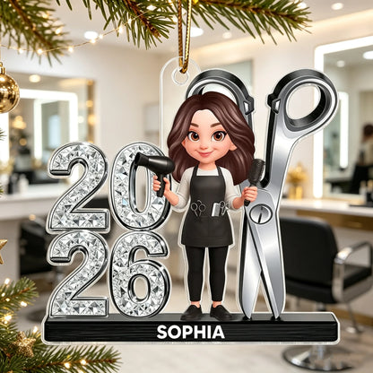 Personalized Acrylic Ornament, Stylist Holding Salon Tools, Creative Gift for Hairdressers and Christmas Tree Decor