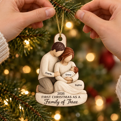 Wooden Ornament, Personalized New Family Keepsake, Tender Parents Holding Baby, Creative Gift for New Parents