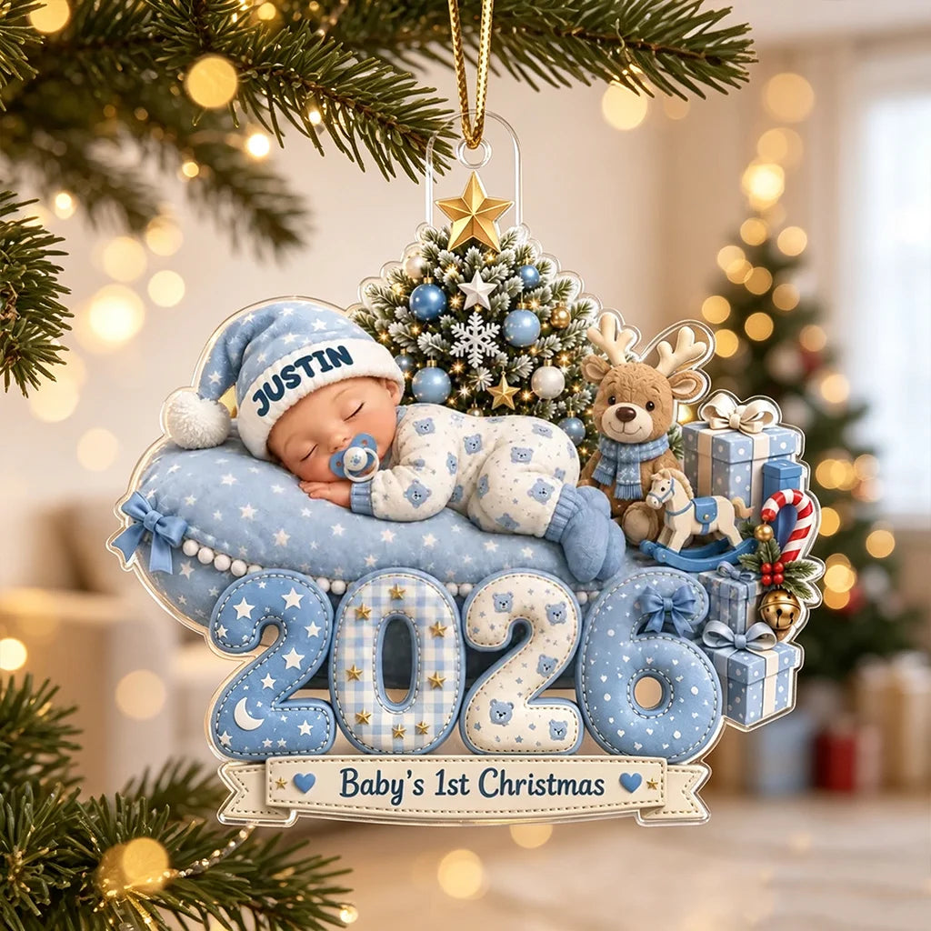 Personalized Acrylic Ornament, Sleeping Baby by a Christmas Tree, Unique First Christmas Gift for New Parents