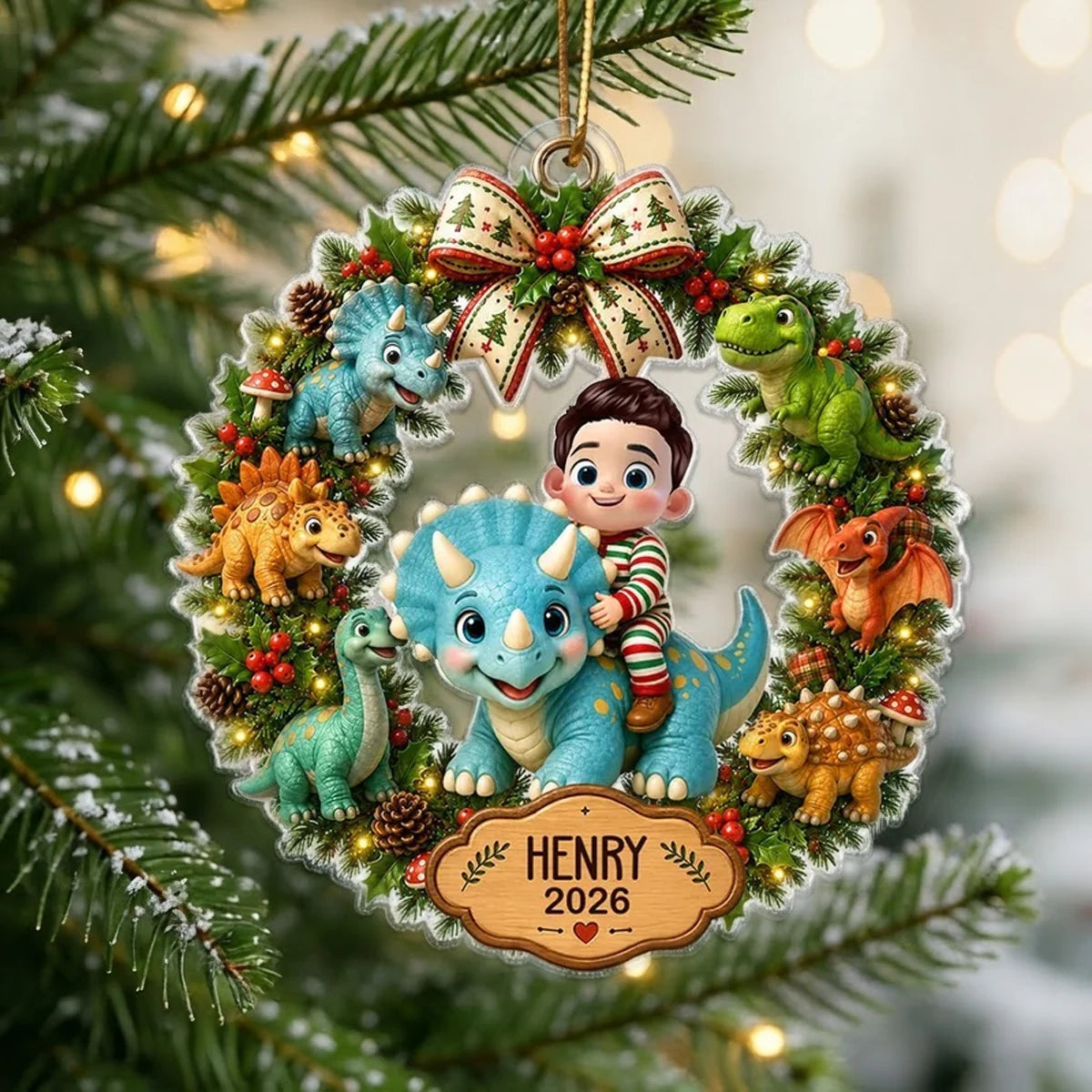 Personalized Acrylic Ornament, Smiling Child Riding a Dinosaur in a Christmas Wreath, Unique Gift for Kids