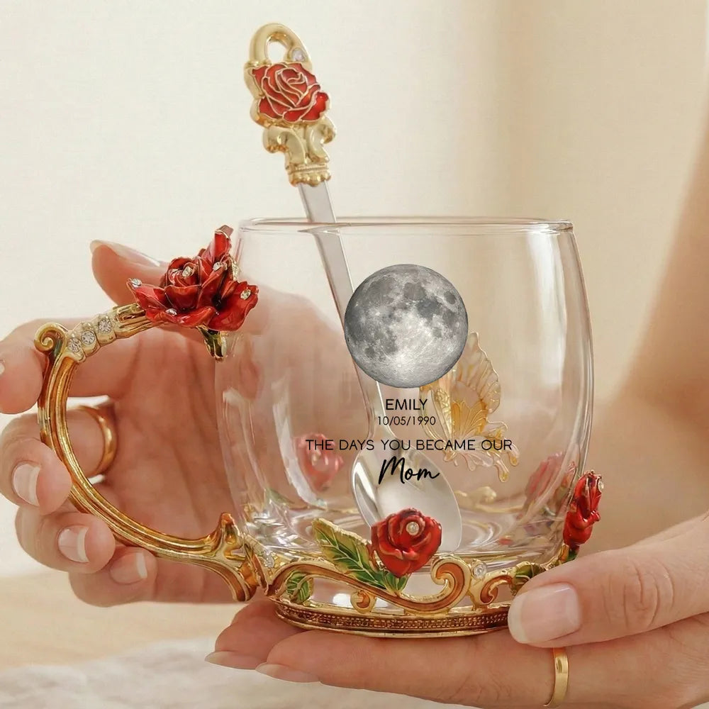 Personalized Enamel Flower Tea Cup with Custom Moon Phase for Mom - A Unique Gift That Celebrates Her Story