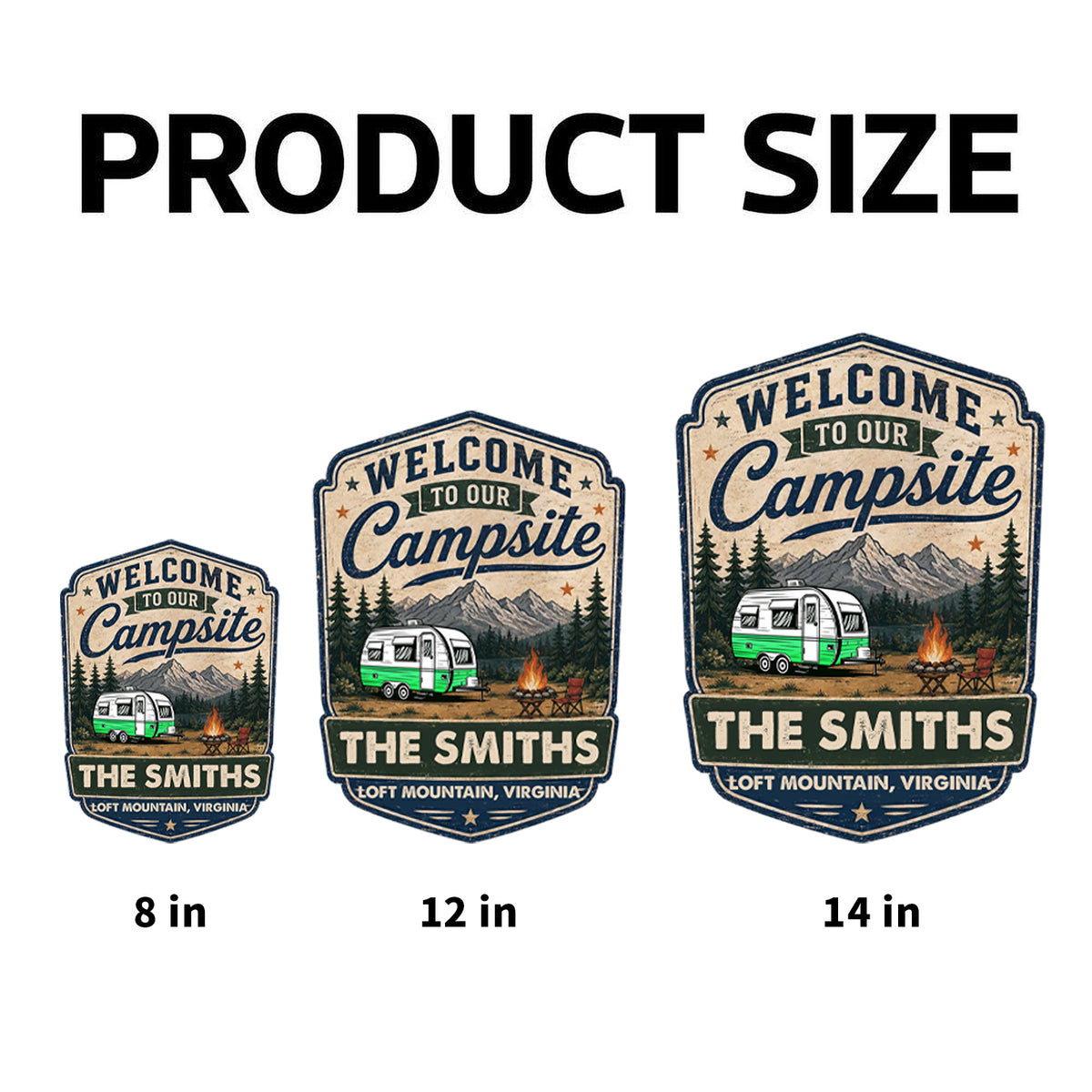 Personalized Campsite Sticker Decal, Vintage Camper & Mountain Scene, Unique Gift for Campers