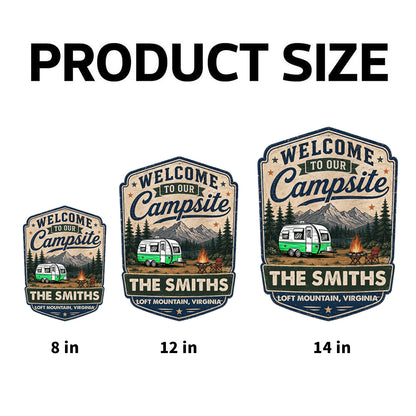 Personalized Campsite Sticker Decal, Vintage Camper & Mountain Scene, Unique Gift for Campers