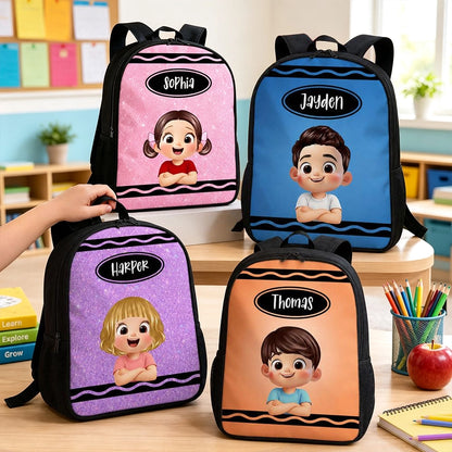 Kids School Backpack With Custom Crayon Color Art, Creative Back To School Classroom Gift For Grandkids