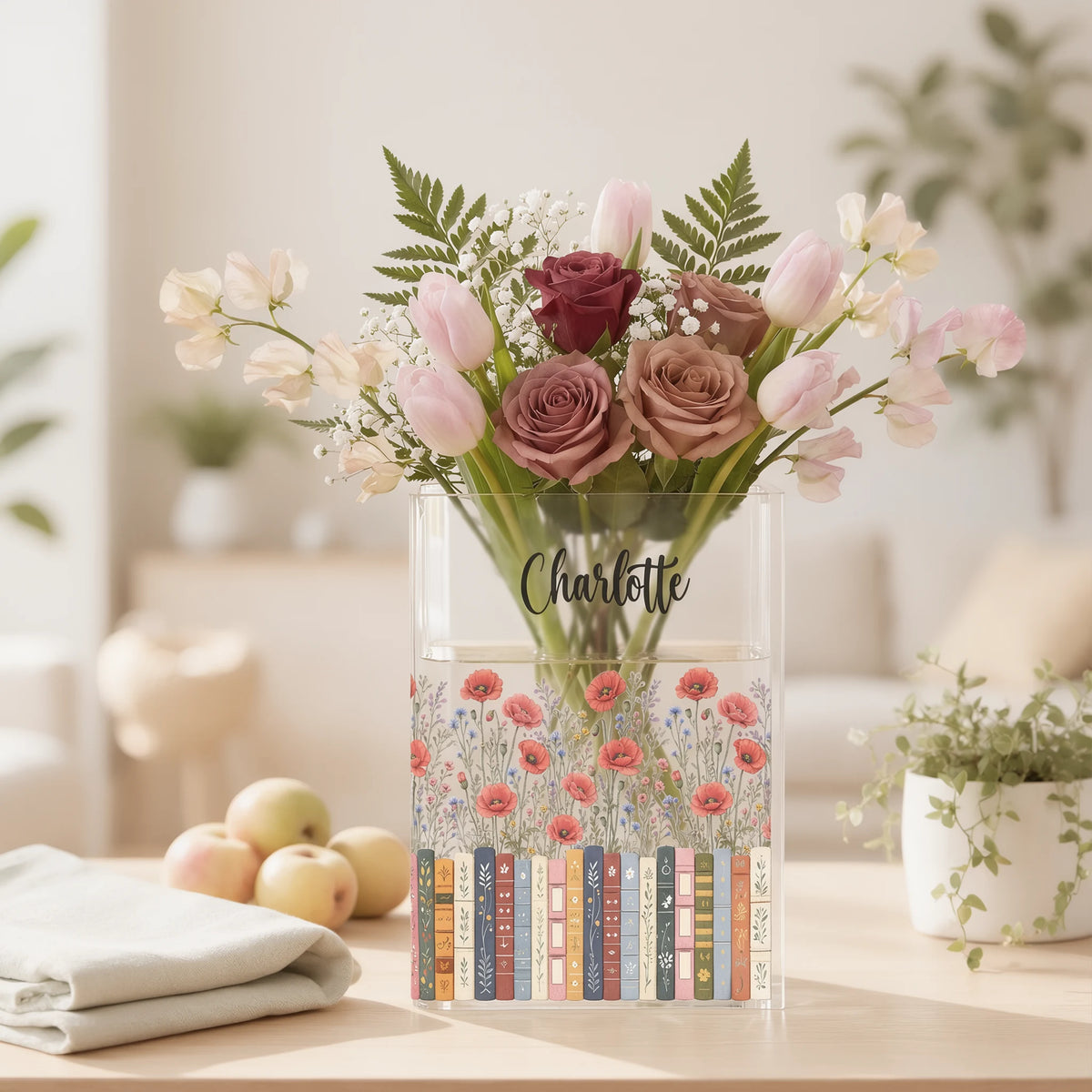 Personalized Acrylic Book Vase, Pastel Floral Bookshelf Decor, Unique Gift for Book Lovers